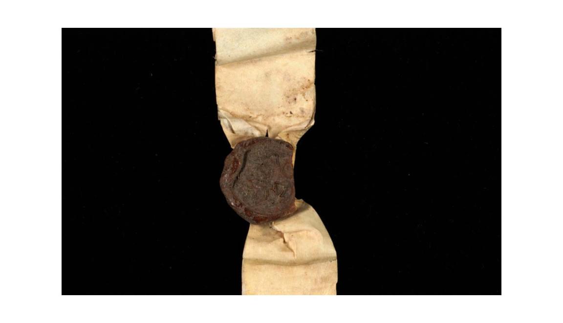 A close up of a red wax seal attached to a strip of paper. The seal pictures a crest but it is very difficult to make out due to age.