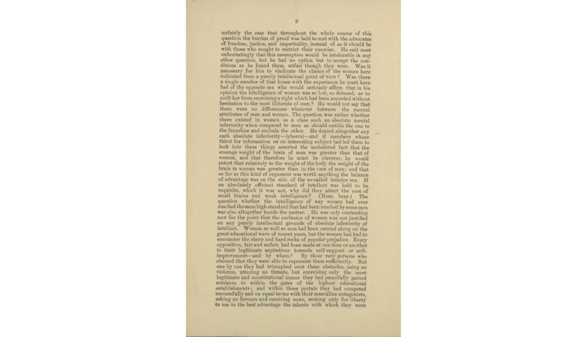 Page from a book with dense printed text discussing the argument for women's suffrage.