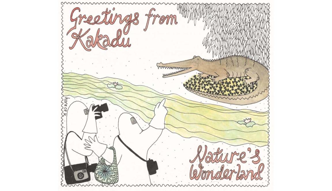 A cartoon designed as a postcard Titled 'Greetings from Kakadu, Nature's wonderland' with a crocodile nesting on what looks like radioactive coal next to a river of yellow/green water. Two people in hazmat suits , one with a camera bag taking a photo, the other with a floral hand bag pointing at the crocodile.