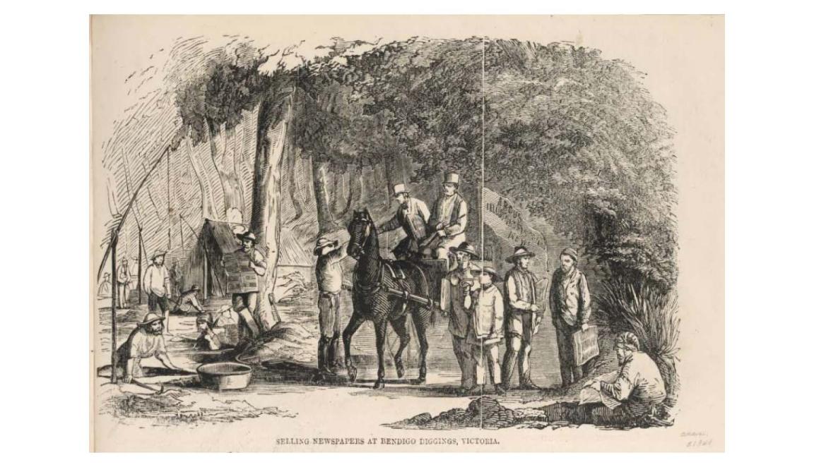 A drawing of two men in a horse-drawn cart selling newspapers at Bendigo Diggings, Victoria. Another man holds a banner advertising The Argus, and The Illustrated Sydney News.
