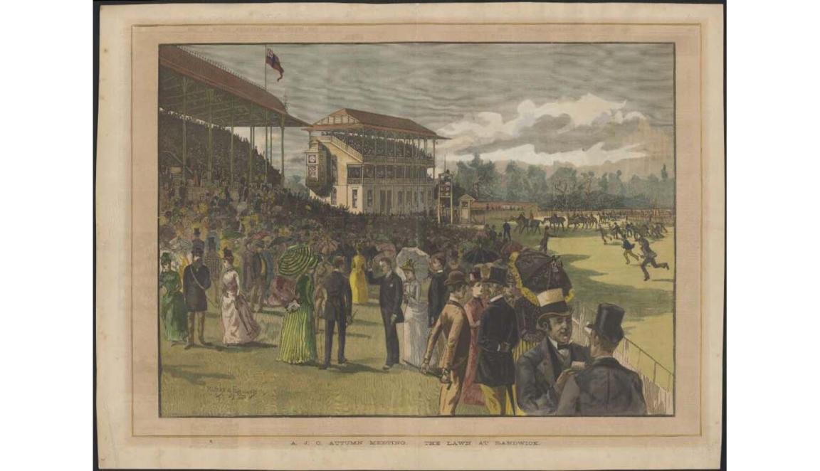 colour illustration of crowd at the races
