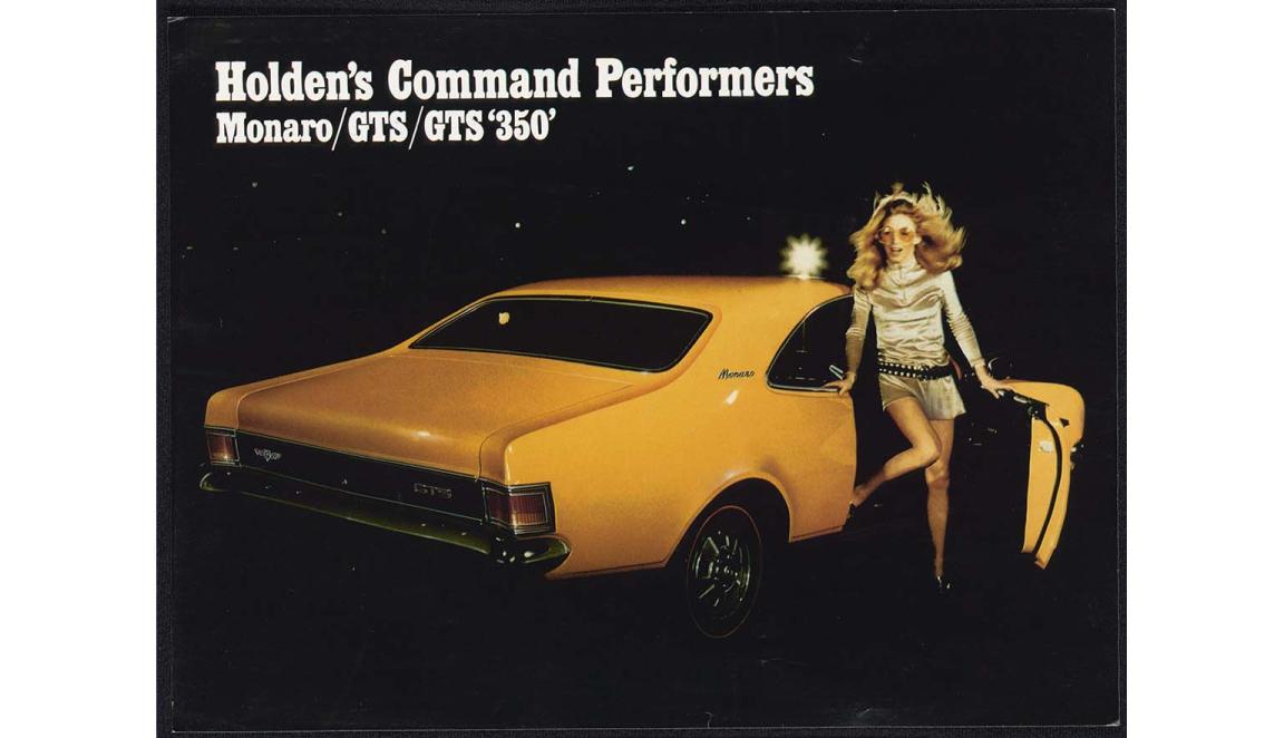 Cover of a catalogue with a yellow Holden Monaro car and a woman stepping out of it