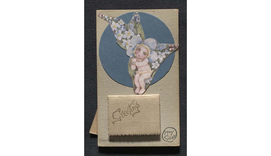 Image of a calendar featuring Gumnut baby amongst forget-me-nots