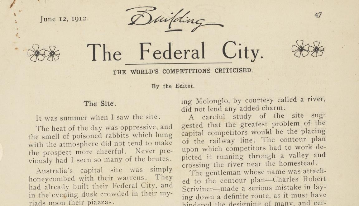 Page of a journal showing the beginning of an article called 'The Federal City' with a photo of several men examining the site
