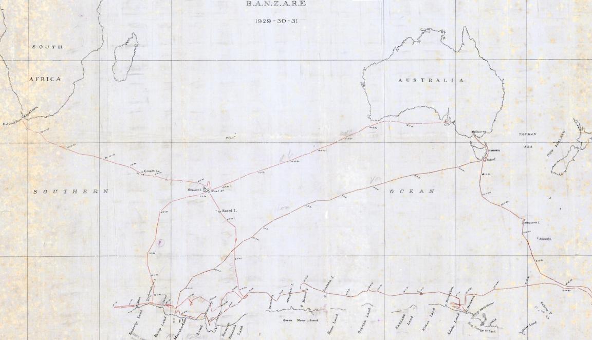 Map showing outlines of South Africa, Australia and a portion of the coast of the Australian Antarctic Territory, and the voyages of the British Australian (and) New Zealand Antarctic Research Expedition (BANZARE) during a research expedition into Antarctica