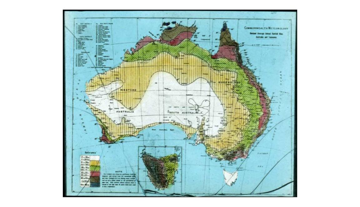 A map of Australia showing different coloured shaded areas of annual rainfall.
