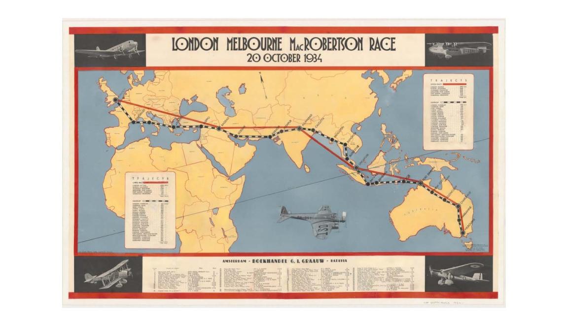 Map showing the flight paths of the London to Melbourne MacRobertson Race, 20 October 1934. Two flight paths, indicated by red and black and white lines, are drawn from London to Melbourne, across Europe, the Middle East and Asia.