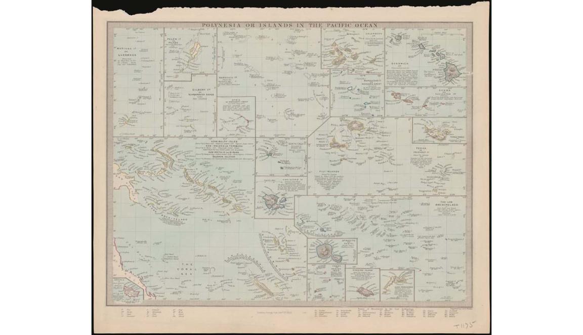 A map showing the islands of Polynesia. The map is broken into a variety of insets, each focussing on geographically close islands and island chains. Across the top is a title "Polynesia or islands in the Pacific Ocean" Under the map are various keys and more information