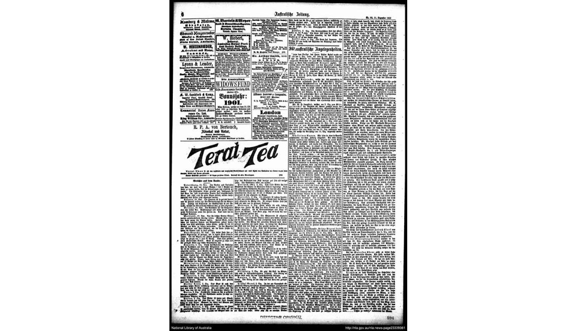 A page from the South Australian Newspaper in German.