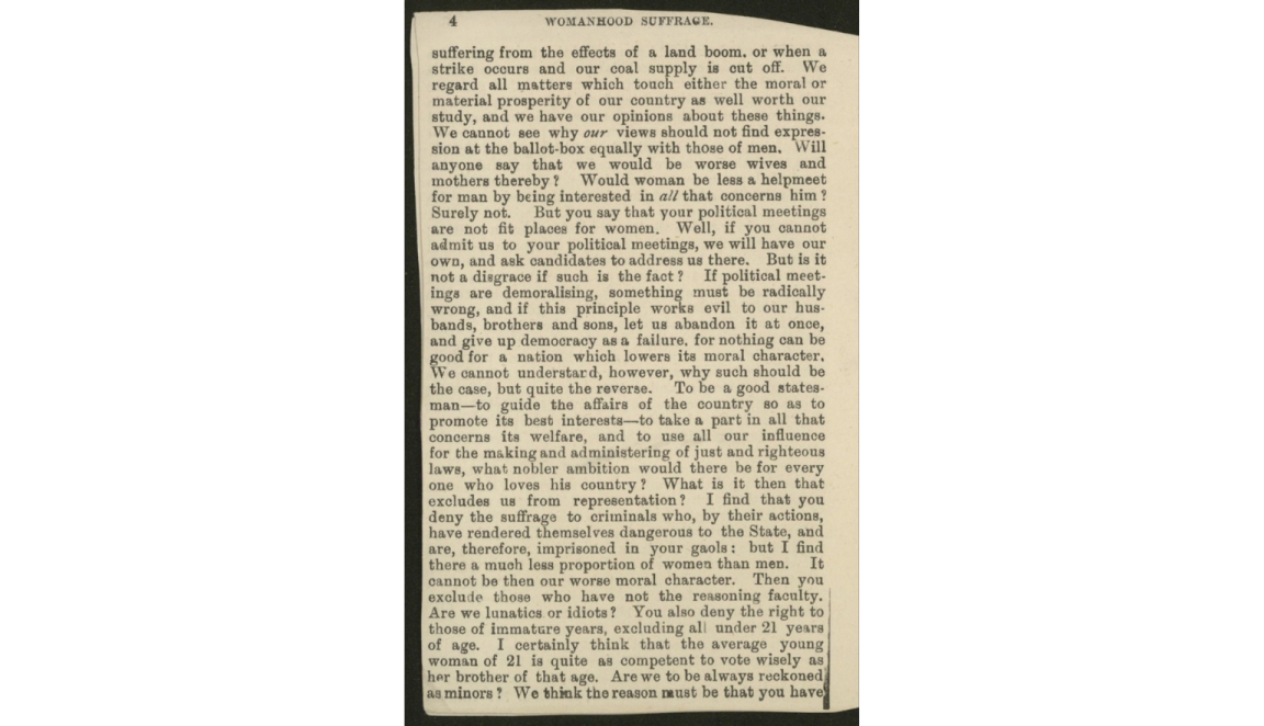 Page from a document titled "Womanhood Suffrage" featuring detailed text on women’s political rights.
