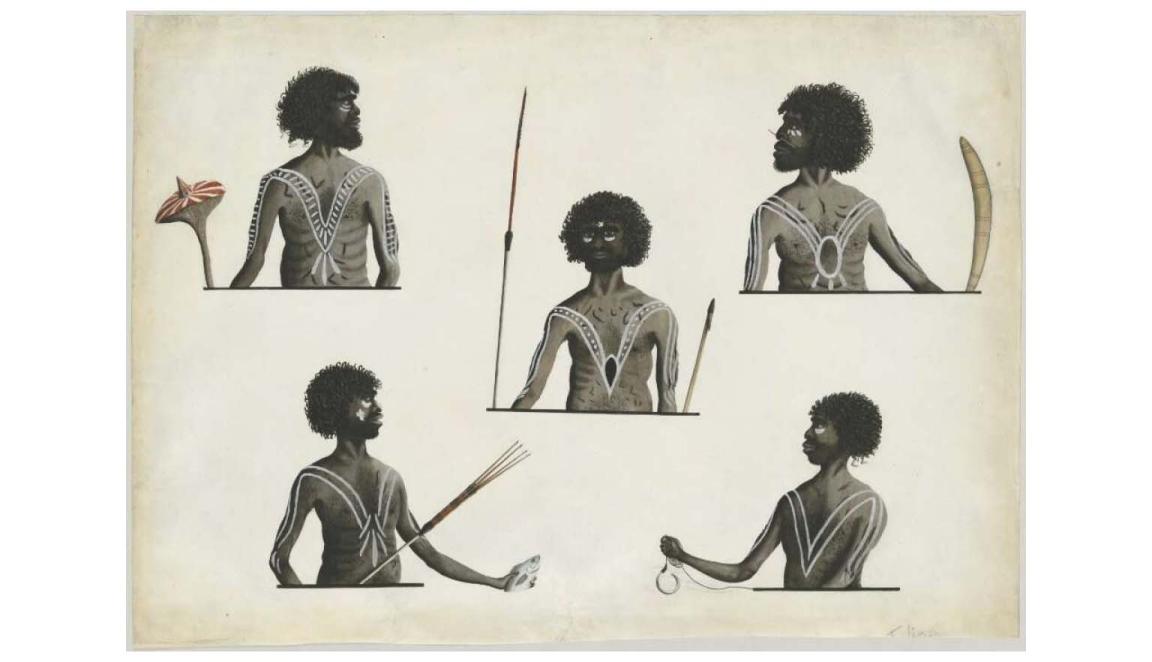 five paintings of an Aboriginal man with various tools