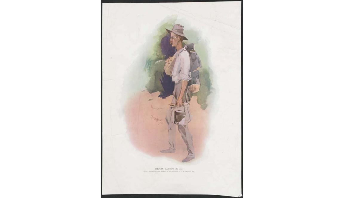 colour painting of man with pack and billy can