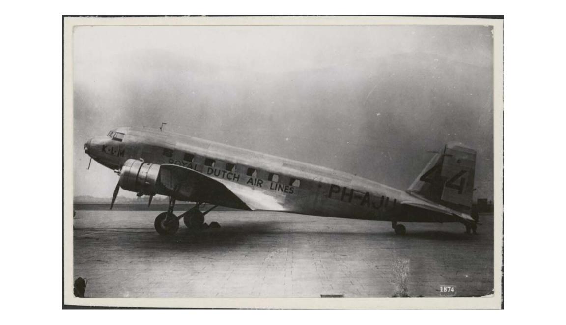 black and white photograph of a Dutch airplane in profile