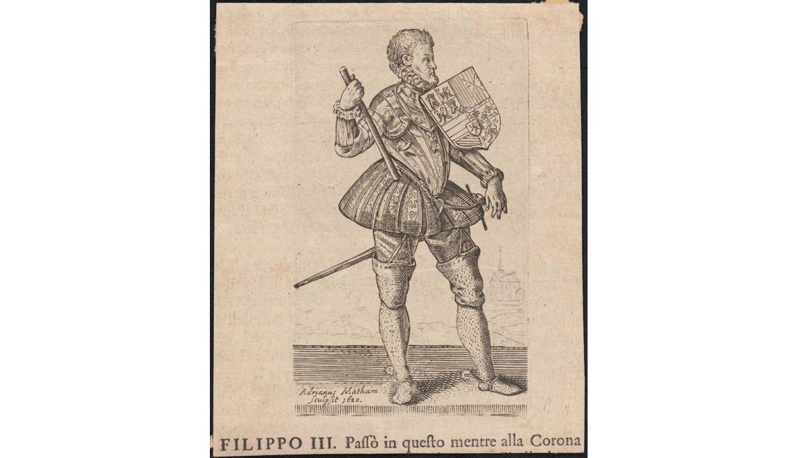 A print of a man wearing medieval clothes and armour. He has a small shield on his arm baring a coat of arms. He is holding a baton. Below his image are words in Italian: 'Filippo III, Passo in questo mentre alla Corona...'