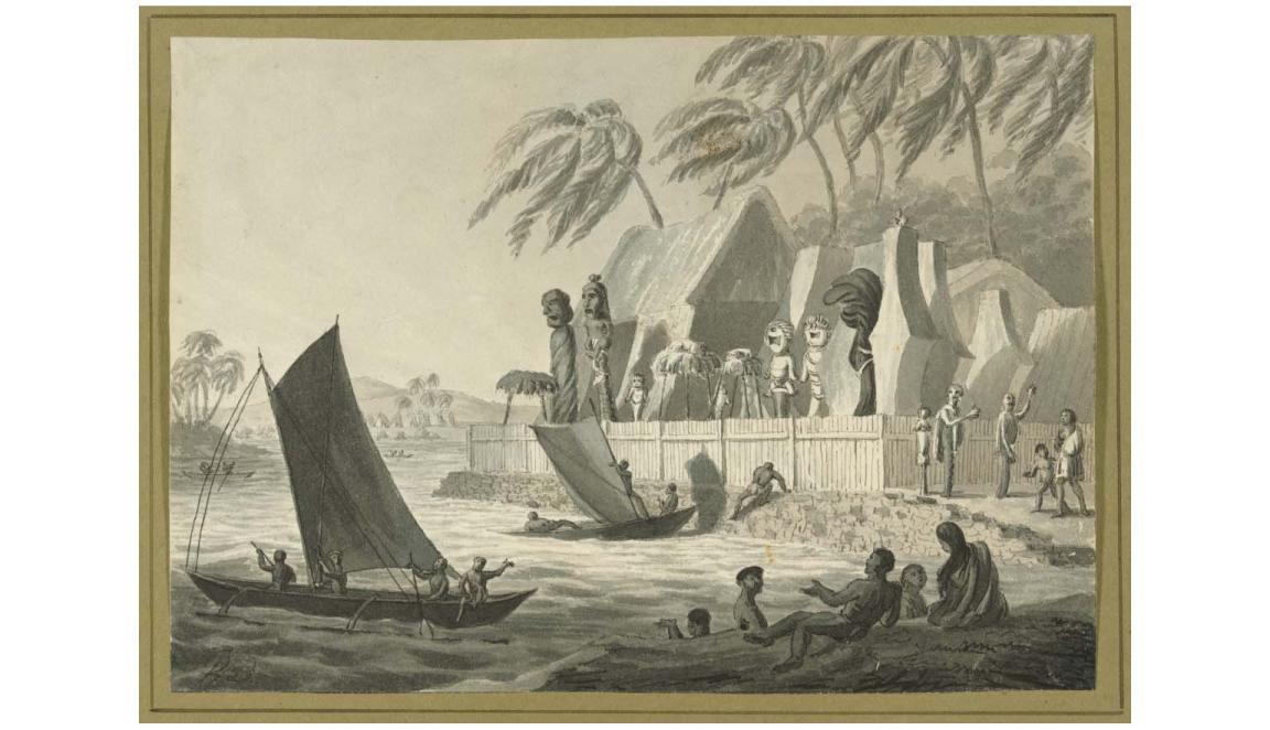 A large ceremonial structure sits on the shores of a lake or ocean. It is surrounded by people. In the foreground are two sailing canoes. In the background are palm trees, seemingly blown by a strong wind. Inside the fence of the ceremonial site are large carved states and a large thatched roof building