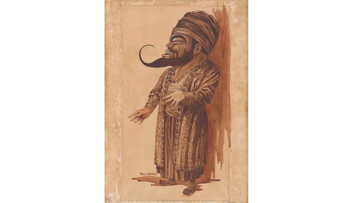 A caricature sketch of a man with a long pointy beard. He has an unusually large head and a small body. He is laughing. He is wearing a turban and a robe and slippers.