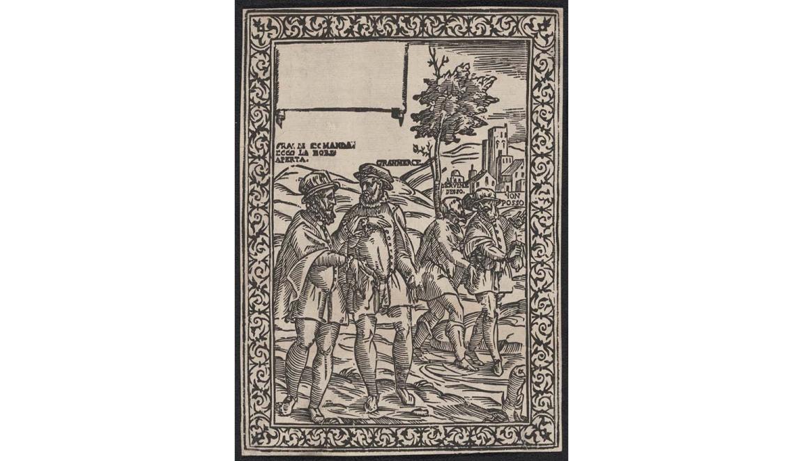 A woodblock print of four men walking across a field in front of a church