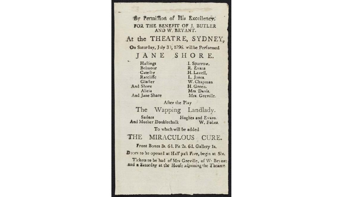 Copy of a printed playbill containing details for a performance of Jane Shore at the Sydney Theatre in 1796.