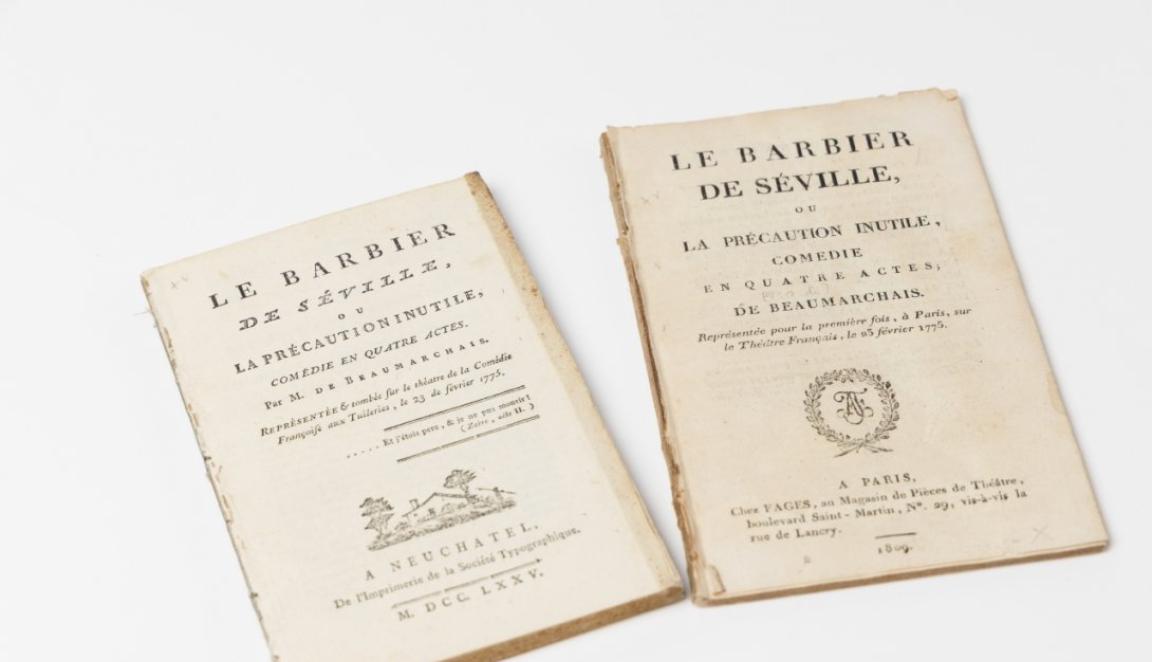 Two printed plays without bindings; different versions of The Barber of Seville