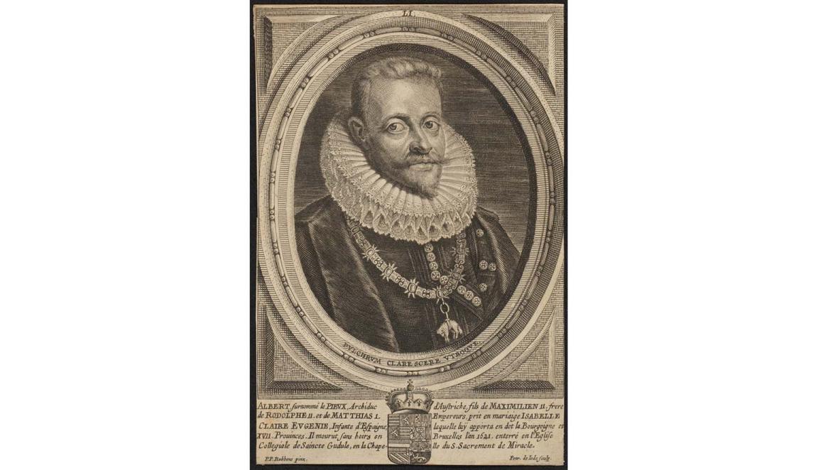 An engraved print of a man. He is wearing a ruffled collar and a coat. He has a large necklace around his neck. He has a pointy beard and moustache. Below his portrait is a crest.