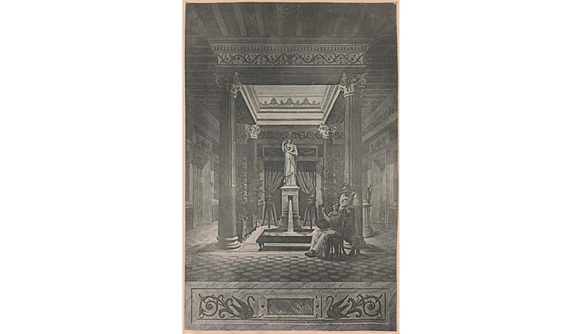 A print showing the interior of a wealthy Roman villa. There is a large statue in an atrium. A man and a woman sit near to the state. The woman is playing a lyre.