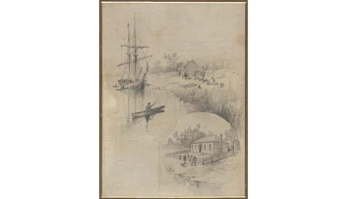 sketch of house beside river with boats