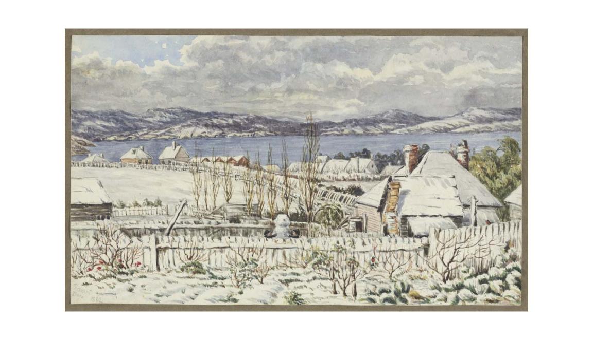 Image of a colour sketch of a heavily snow covered town of Hobart houses with water and mountains in the background in 1882