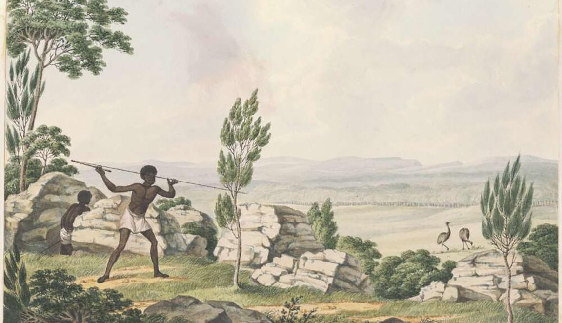 Two Aboriginal people hunting emus in a plane