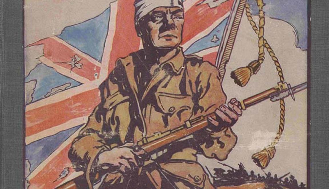 An image of a book cover called 'The Anzac book' with a colour drawing of an Anzac soldier holding a rifle with a bandage around his head, and a torn, tattered flag showing mostly the Union jack'.