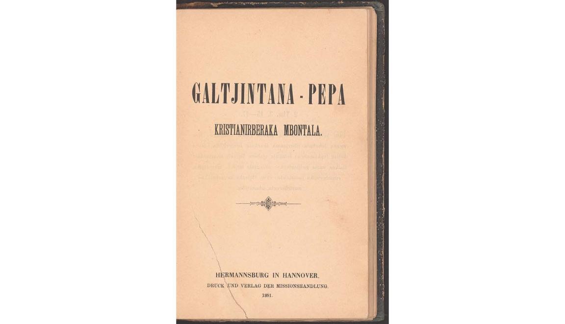Detail of the title page of an old book reading 'Galtjintana-Pepa Kristianirberaka Mbontala'