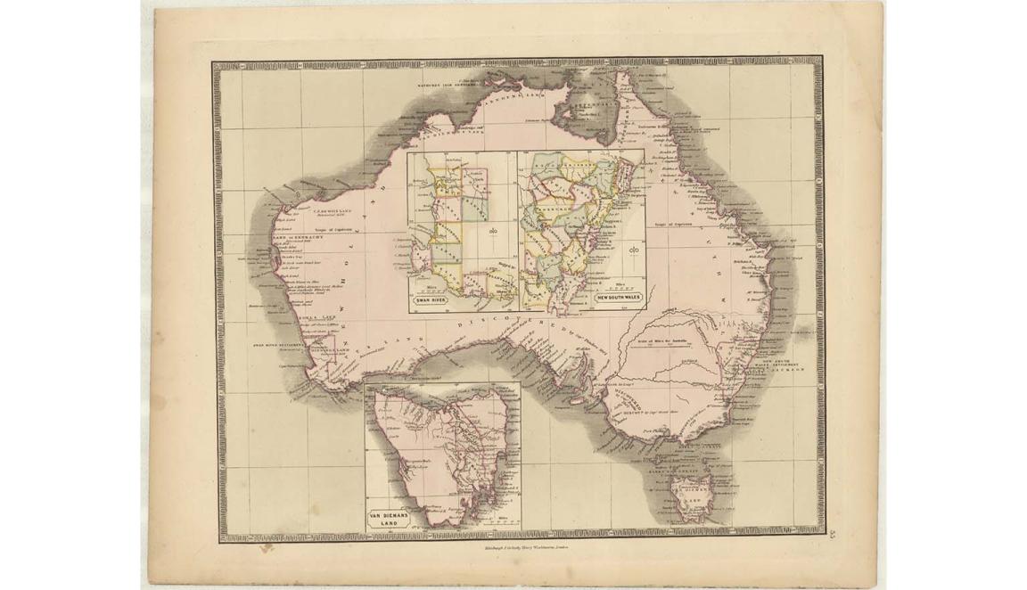 Map of Australia with detail regarding British settlements in New South Wales and bays around the coast
