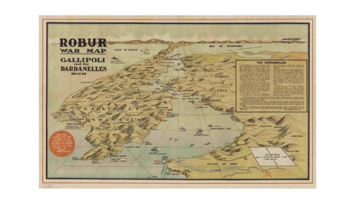 Shows British and Allied landings on 25 April 1915 and later; the range of 12 and 15 inch naval guns depicted. Relief shown by shading, and pictorially.