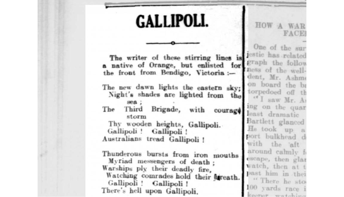 A newspaper clipping of a poem titled 'Gallipoli'.