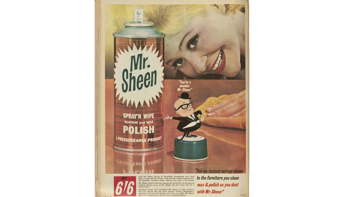mr sheen ad, tiny man in hat on can of mr sheen