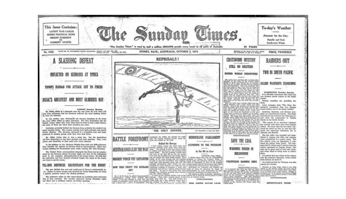 The Sunday Times front page, featuring a cartoon of a skeleton flying a glider