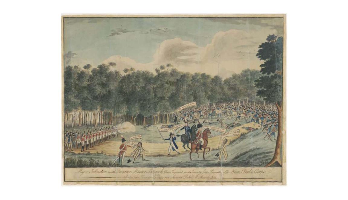 Watercolour of a clearing in a forest with military standing in rows on the left and a large fight between convicts and more military on the right