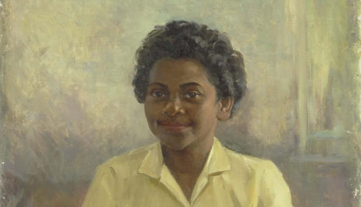 painting of young indigenous woman in yellow shirt