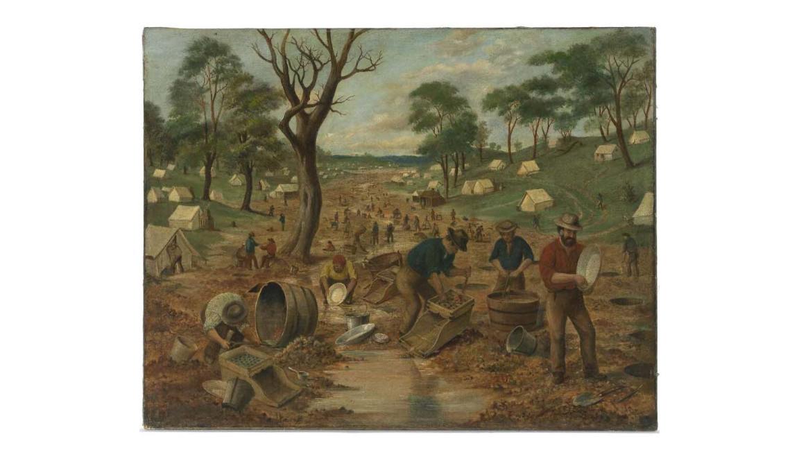 Painting of men using various tools to dig for gold. In the background, dozens of white tents are pitched on the grassy slopes on either side