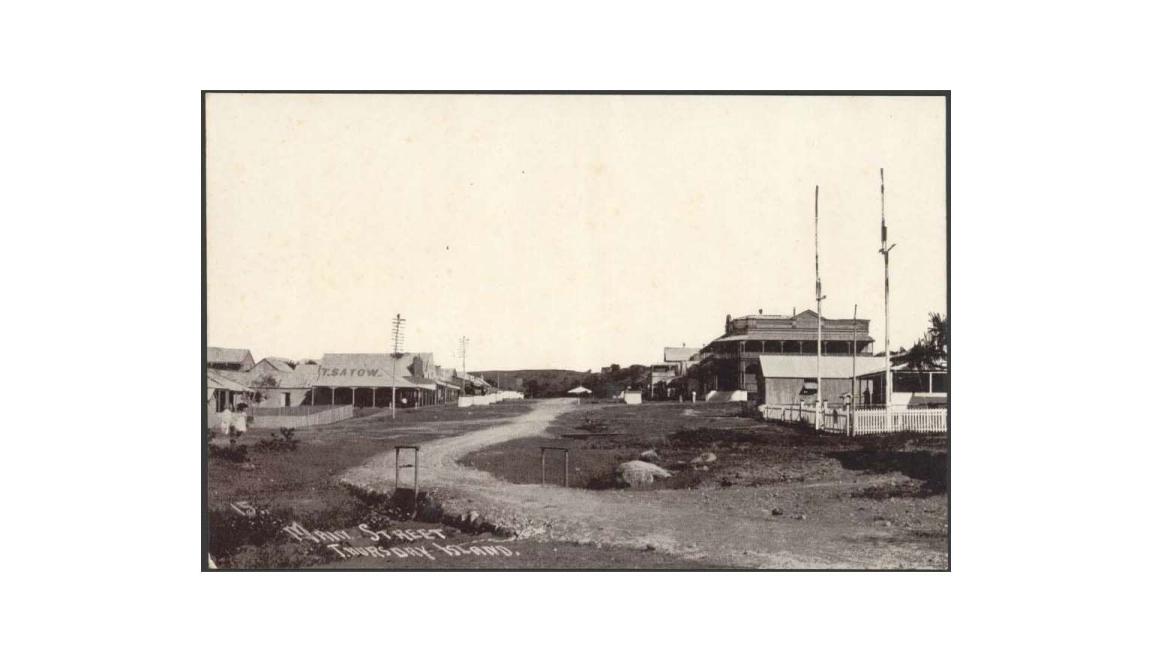 sepia photo of a track that is the Main street of Thursday Island, ca. 1917-1920
