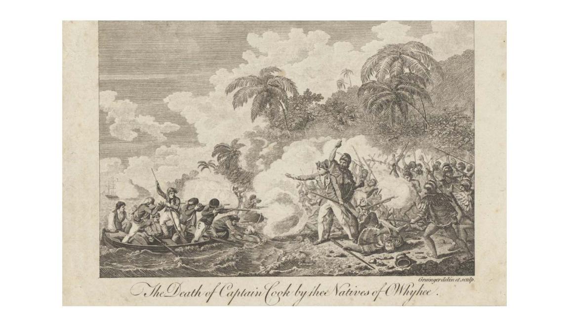 A lithograph print showing conflict between two sides. The conflict is near a beach there are boats on fire in the bay