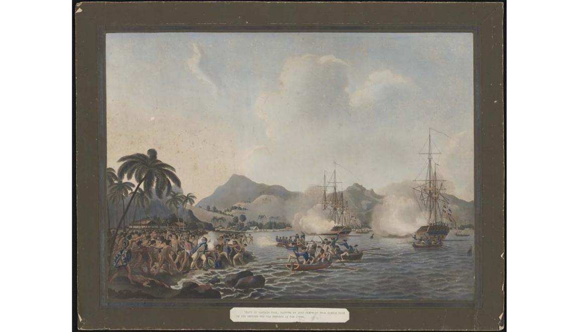 A painting showing conflict between two sides. The conflict is near a beach there are boats on fire in the bay