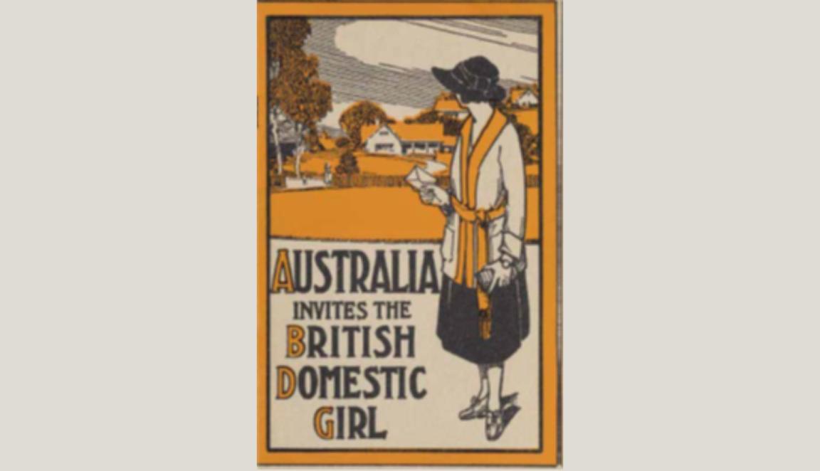 A woman in a hat and scarf holds a letter while standing in front of a countryside scene with houses and trees. The orange and black design features bold text promoting immigration.