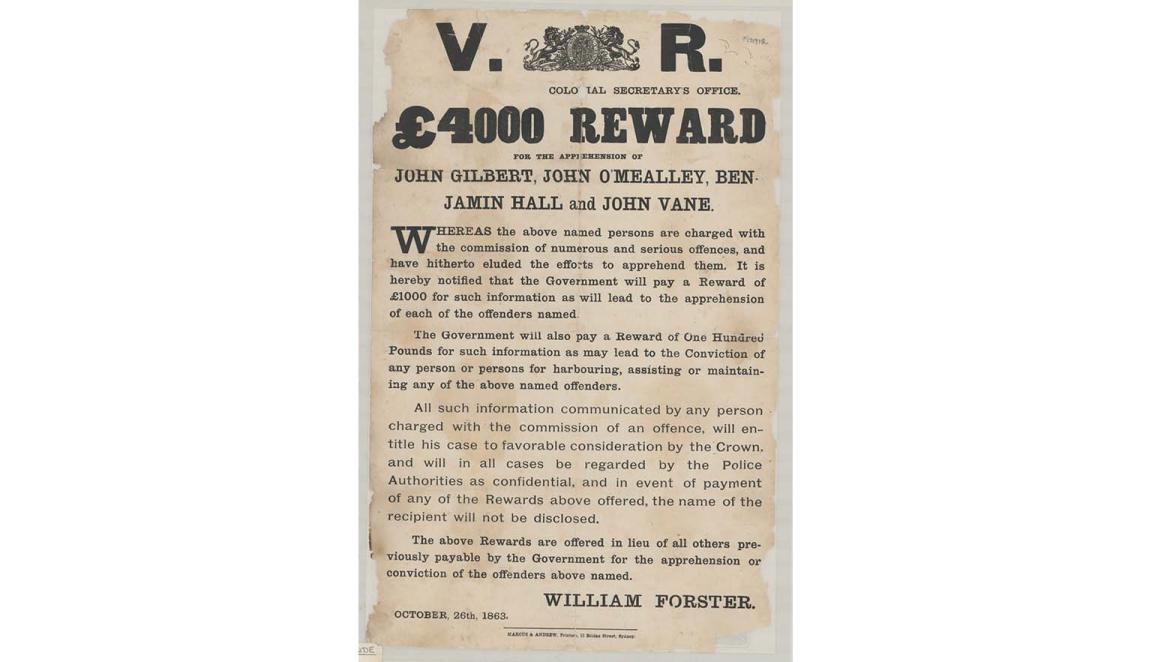 wanted poster for John Gilbert, John O'Mealley, Benjamin Hall and John Vane
