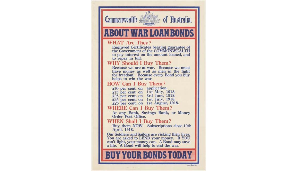 A red, white and blue poster. At the top of the poster is the Australian coat of arms with the words 'Commonwealth of Australia' and a large headline saying 'ABOUT WAR LOAN BONDS'. At the bottom of the poster is another large headline that says 'BUY YOUR BONDS TODAY'