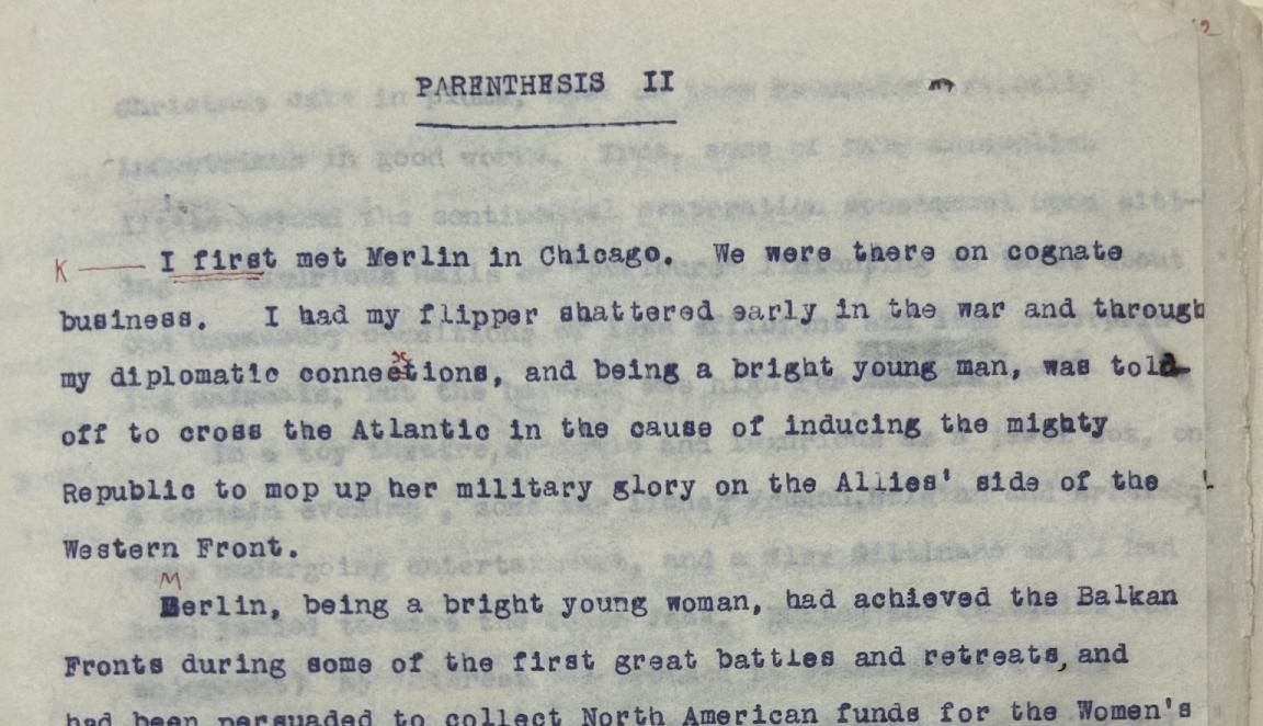 A typewritten page in blue ink with a few handwritten annotations