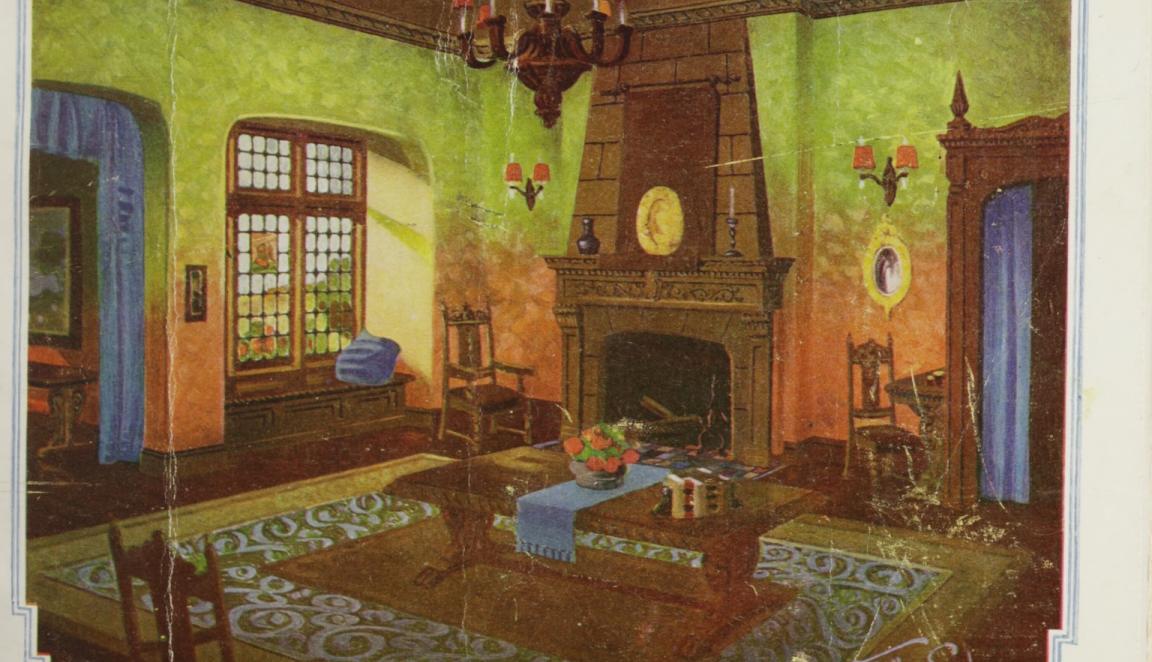 Cover of 'The Australian Home Beautiful' magazine featuring an illustration of a dark living room with ornate finishes and a large fireplace