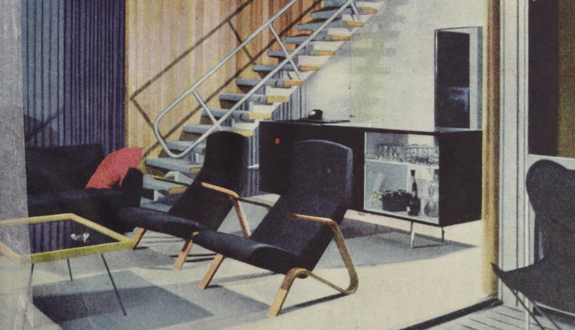 Cover of 'The Australian Home Beautiful' magazine featuring an illustration of a mid-century modern living room