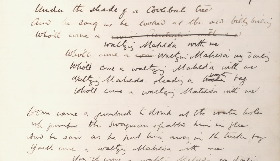 Page of a diary with a handwritten draft of the lyrics to 'Waltzing Matilda'