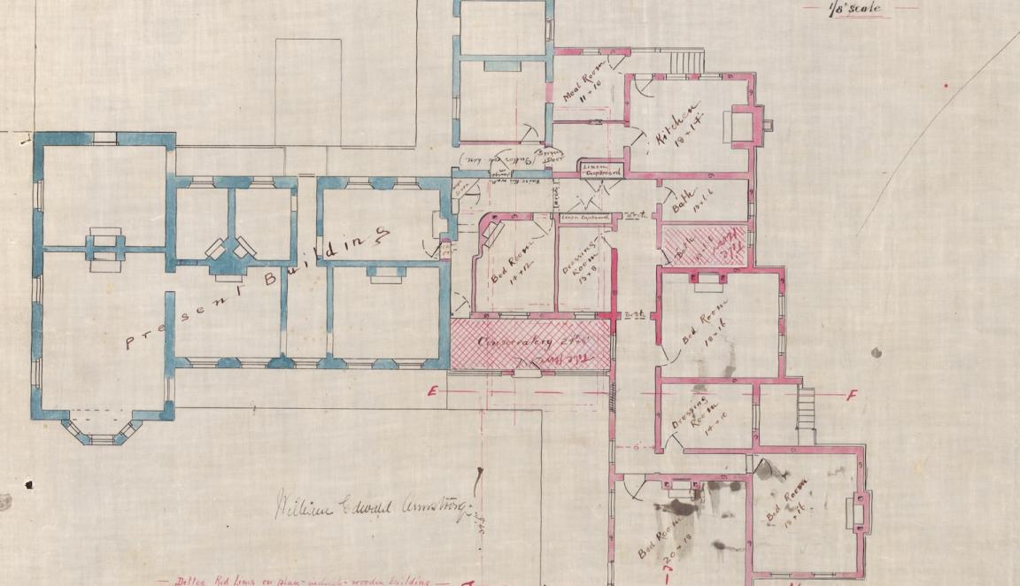 Architectural plan of additions to a house, with the current walls in blue and the proposed walls in pink