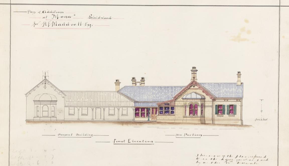 Drawing of a house exterior with a proposed extension extending the house to the right, with the present building in black and white and the addition in colour